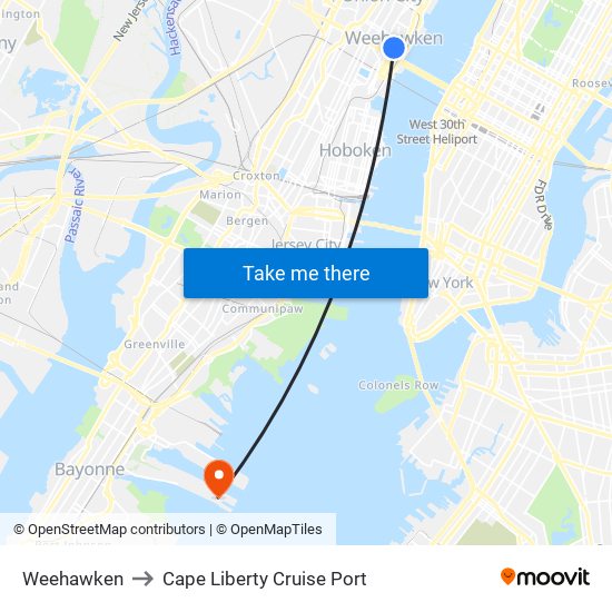 Weehawken to Cape Liberty Cruise Port map