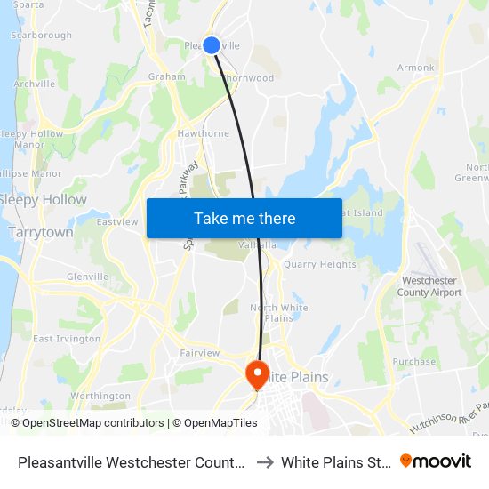 Pleasantville Westchester County NY USA to White Plains Station map