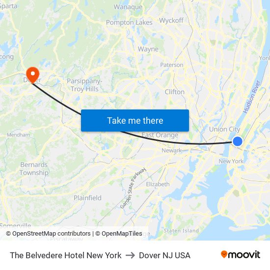 The Belvedere Hotel New York to Dover NJ USA map