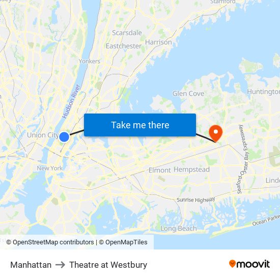 Manhattan to Theatre at Westbury map