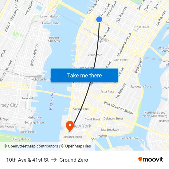 10th Ave & 41st St to Ground Zero map