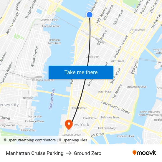 Manhattan Cruise Parking to Ground Zero map