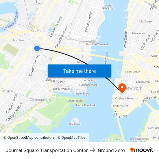 Journal Square Transportation Center to Ground Zero map