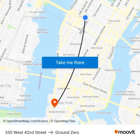 330 West 42nd Street to Ground Zero map