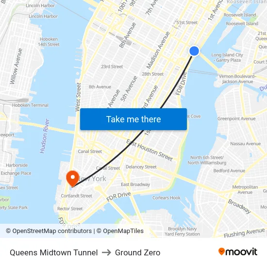 Queens Midtown Tunnel to Ground Zero map