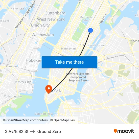 3 Av/E 82 St to Ground Zero map