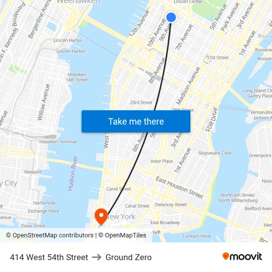 414 West 54th Street to Ground Zero map