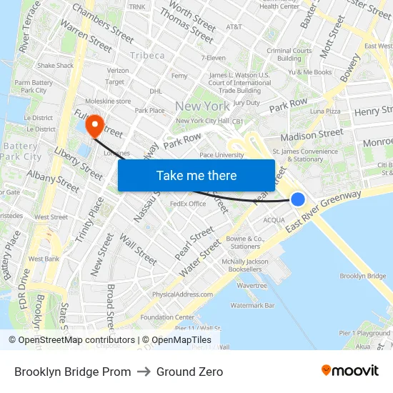 Brooklyn Bridge Prom to Ground Zero map