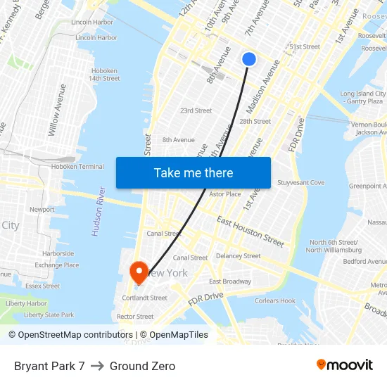 Bryant Park 7 to Ground Zero map