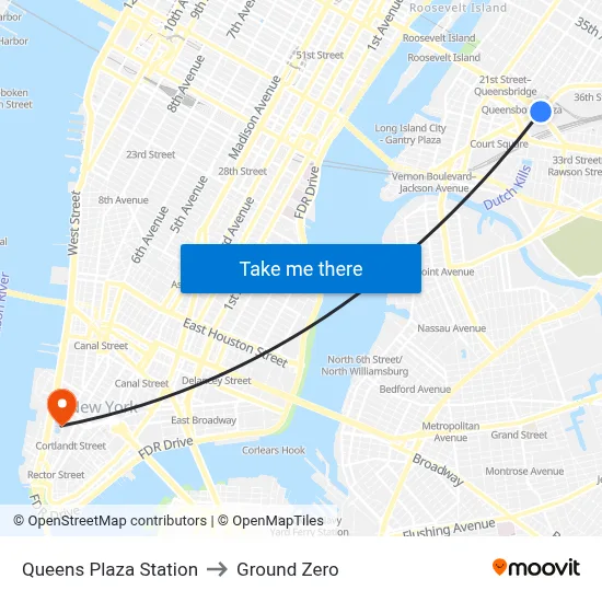 Queens Plaza Station to Ground Zero map