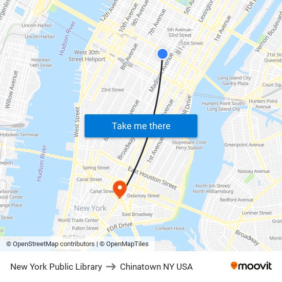 New York Public Library to Chinatown NY USA map