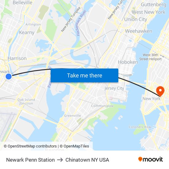 Newark Penn Station to Chinatown NY USA map