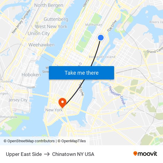 Upper East Side to Chinatown NY USA map