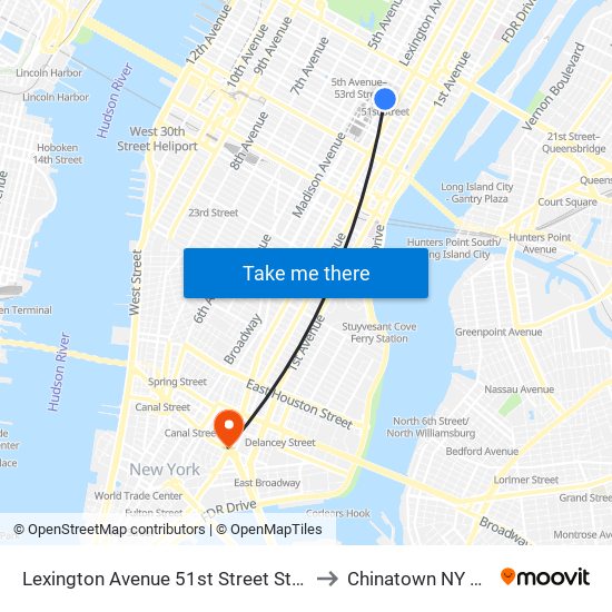 Lexington Avenue 51st Street Station to Chinatown NY USA map