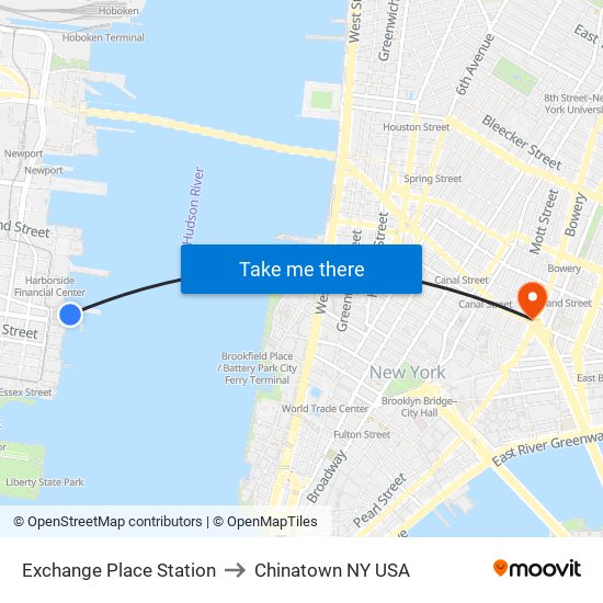 Exchange Place Station to Chinatown NY USA map