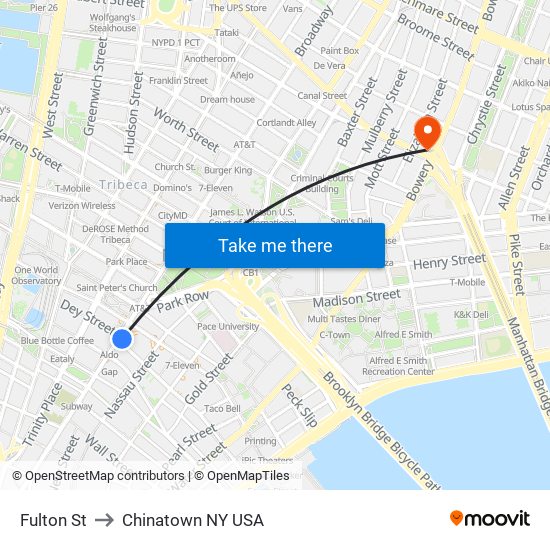 Fulton St to Chinatown NY USA map