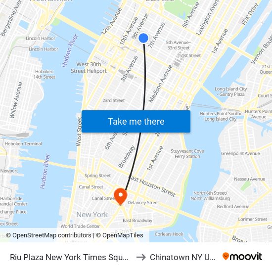 Riu Plaza New York Times Square to Chinatown NY USA map