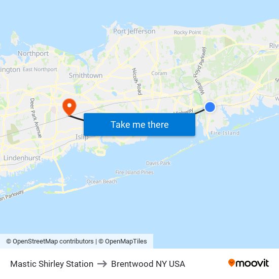 Mastic Shirley Station to Brentwood NY USA map