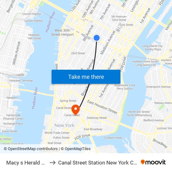 Macy s Herald Square to Canal Street Station New York City Subway map
