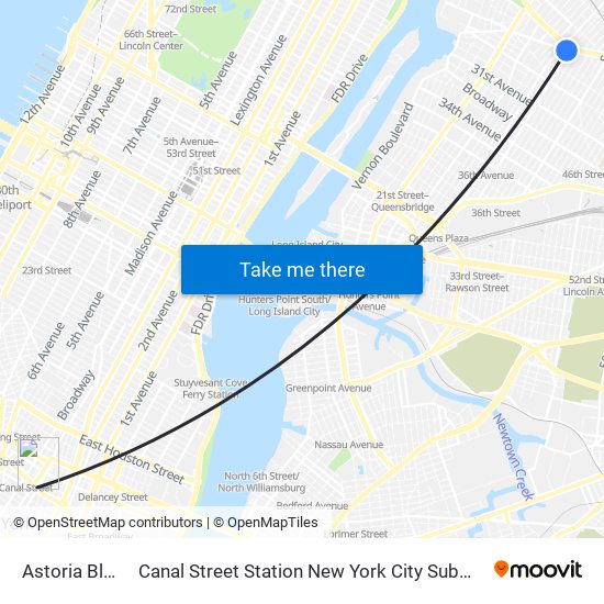 Astoria Blvd to Canal Street Station New York City Subway map