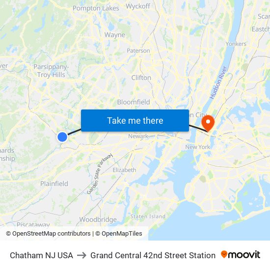 Chatham NJ USA to Grand Central 42nd Street Station map