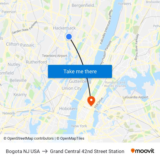 Bogota NJ USA to Grand Central 42nd Street Station map