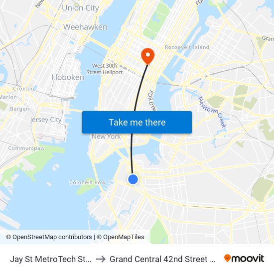 Jay St MetroTech Station to Grand Central 42nd Street Station map