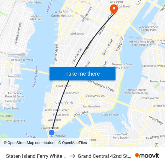 Staten Island Ferry Whitehall Terminal to Grand Central 42nd Street Station map