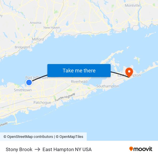 Stony Brook to East Hampton NY USA map