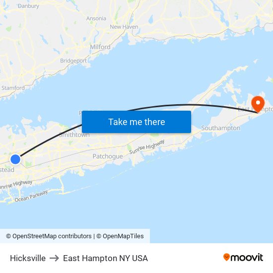 Hicksville to East Hampton NY USA map