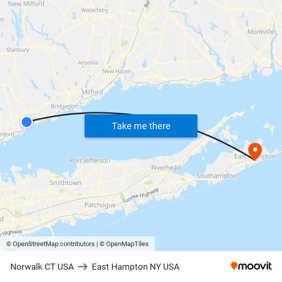 Norwalk CT USA to East Hampton NY USA map