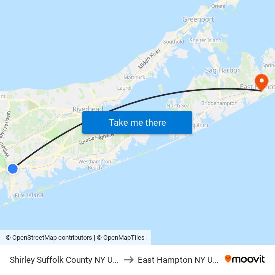 Shirley Suffolk County NY USA to East Hampton NY USA map