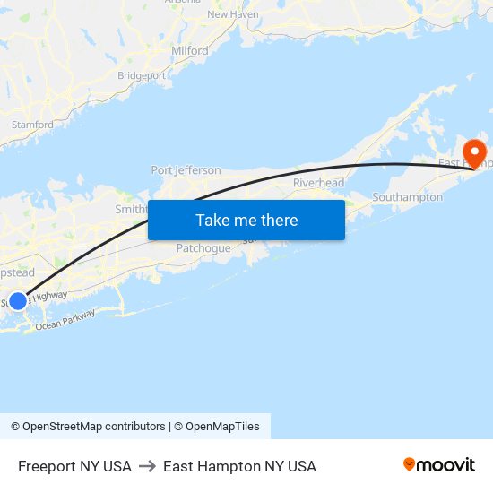 Freeport NY USA to East Hampton NY USA map