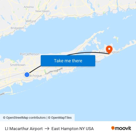 LI Macarthur Airport to East Hampton NY USA map