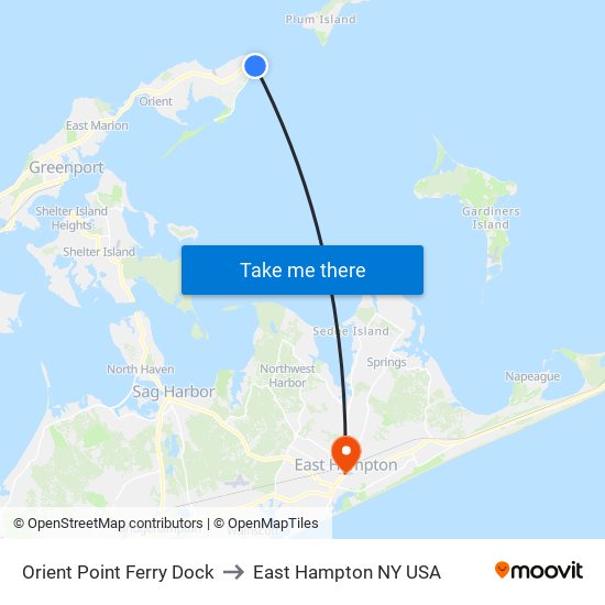 Orient Point Ferry Dock to East Hampton NY USA map