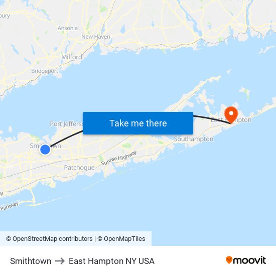 Smithtown to East Hampton NY USA map