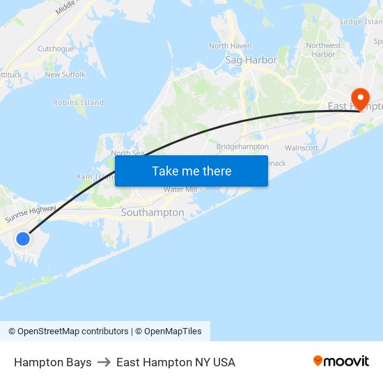 Hampton Bays to East Hampton NY USA map