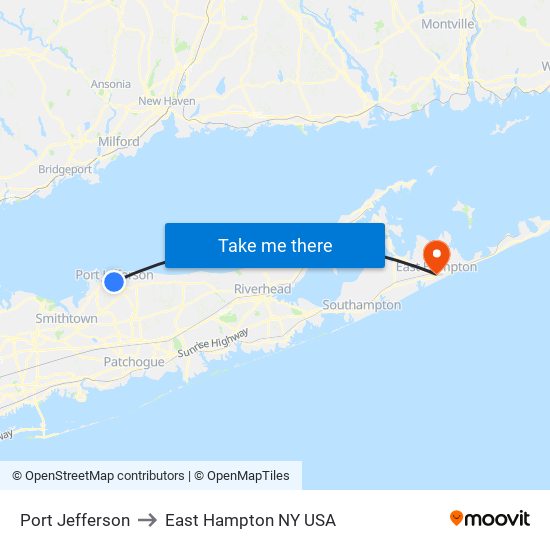 Port Jefferson to East Hampton NY USA map