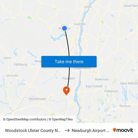 Woodstock Ulster County NY USA to Newburgh Airport SWF map