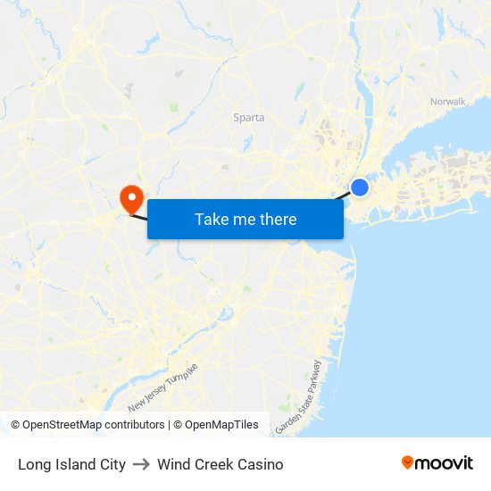 Long Island City to Wind Creek Casino map