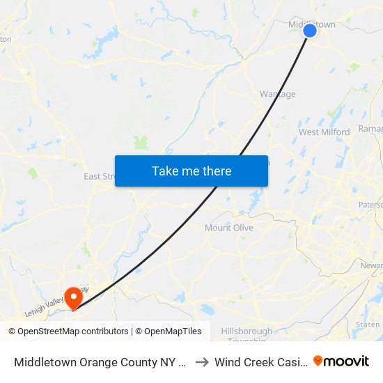 Middletown Orange County NY USA to Wind Creek Casino map