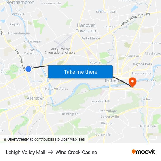 Lehigh Valley Mall to Wind Creek Casino map