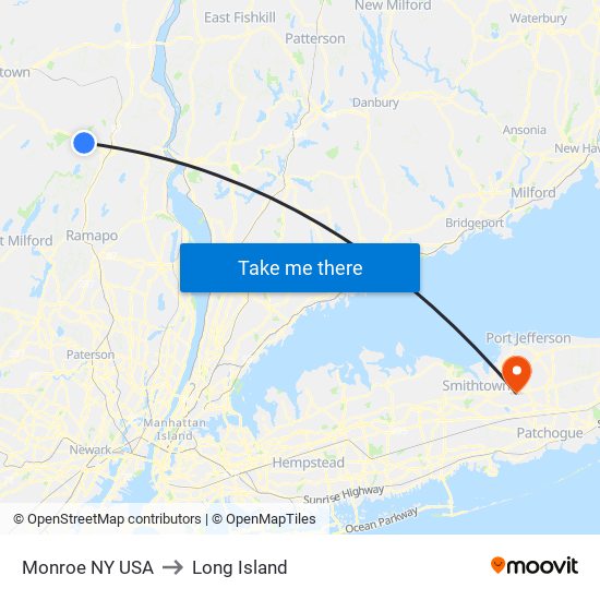 Monroe NY USA to Long Island map