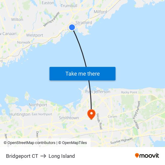 Bridgeport CT to Long Island map