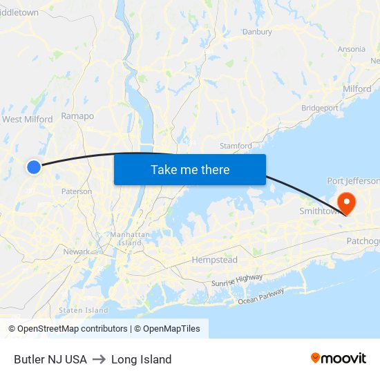 Butler NJ USA to Long Island map