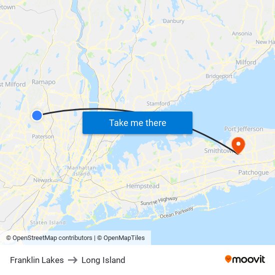 Franklin Lakes to Long Island map