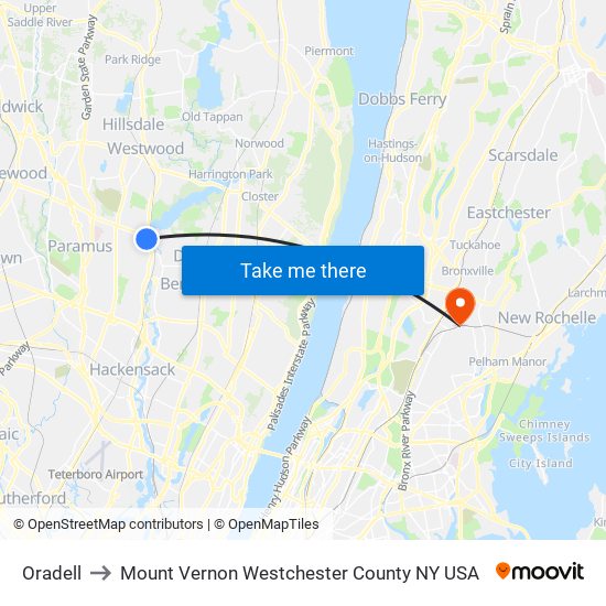 Oradell to Mount Vernon Westchester County NY USA map