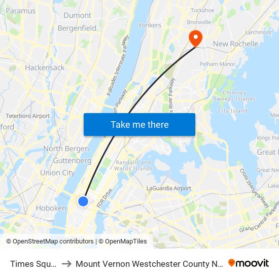 Times Square to Mount Vernon Westchester County NY USA map