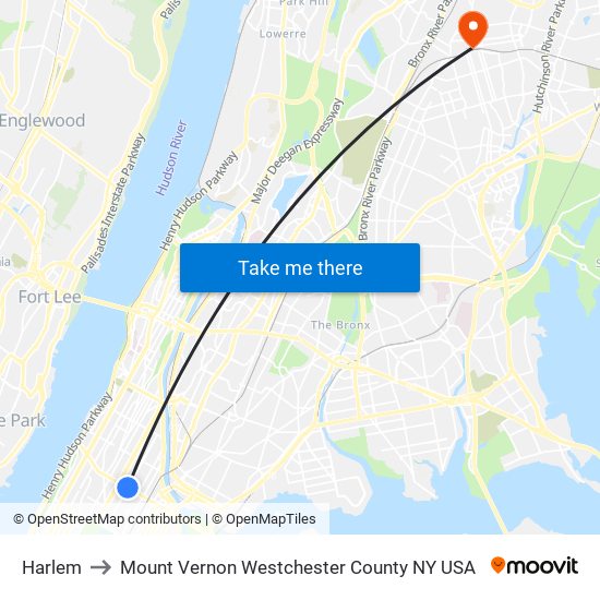 Harlem to Mount Vernon Westchester County NY USA map