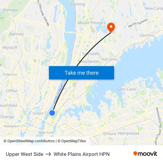 Upper West Side to White Plains Airport HPN map